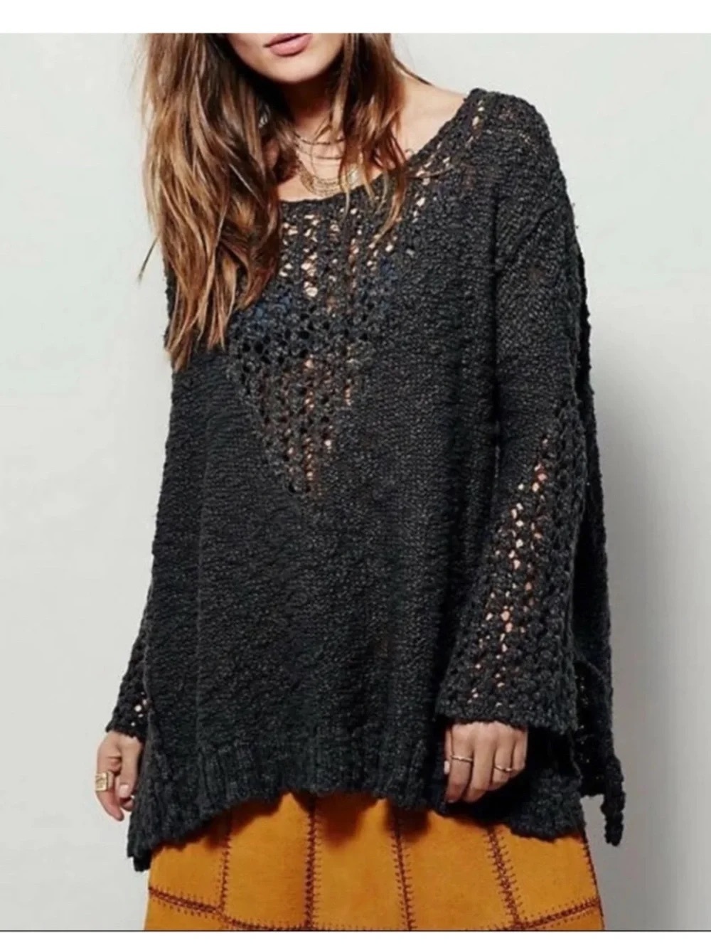 Free People Pretty Pointelle Vee Sweater Small Charcoal Oversized Open Knit